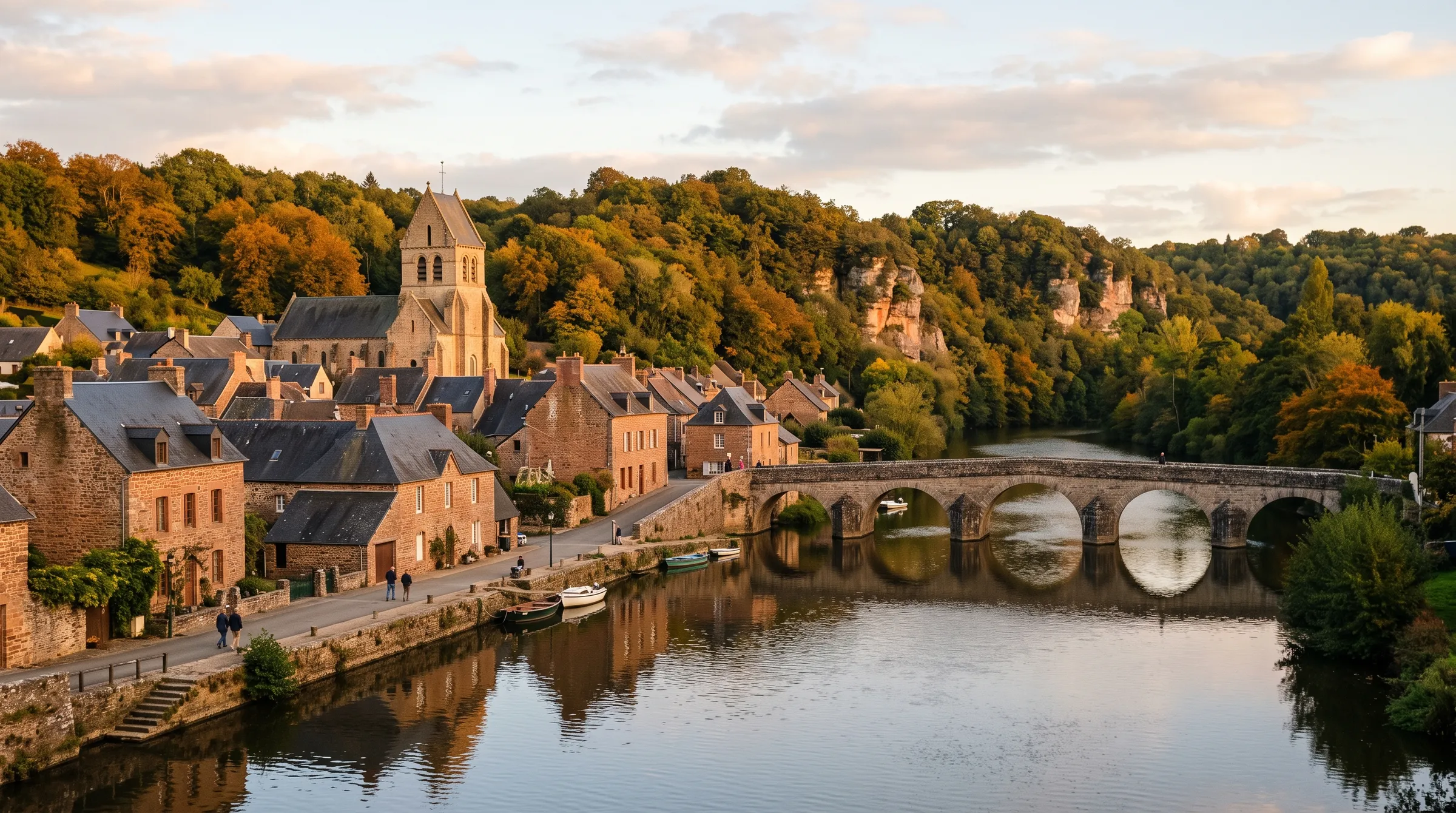 Le bourg de Montbrécy au soleil couchant : maisons de grès roux, clocher de Saint-Martin et pont des Sept-Arches sur l'Orne