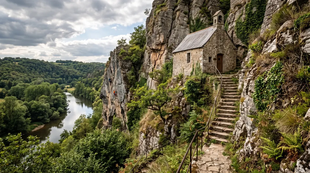 La chapelle Notre-Dame-du-Roc accrochée à la falaise au-dessus de l'Orne, escalier de pierre et grimpeurs au loin