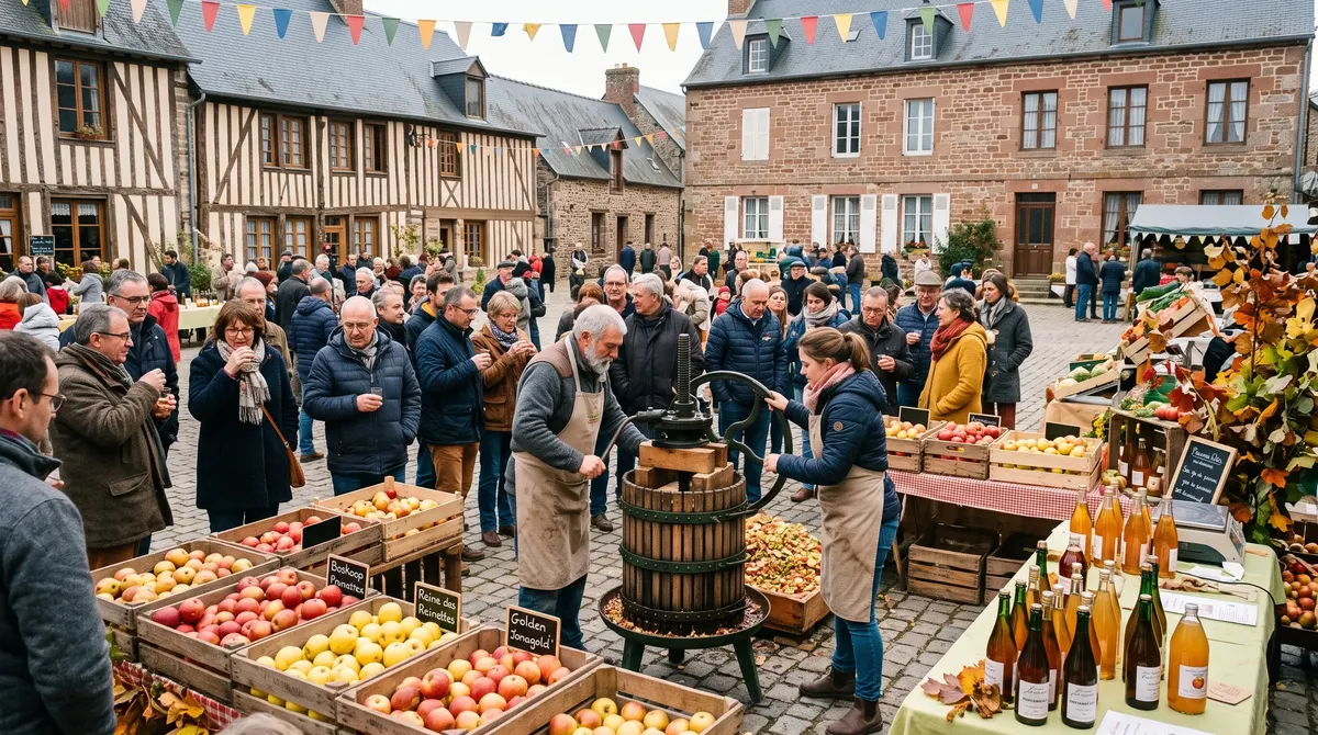Fête de la Pomme sur la place du Marché : pressoir à l'ancienne, cagettes de pommes et bouteilles de cidre