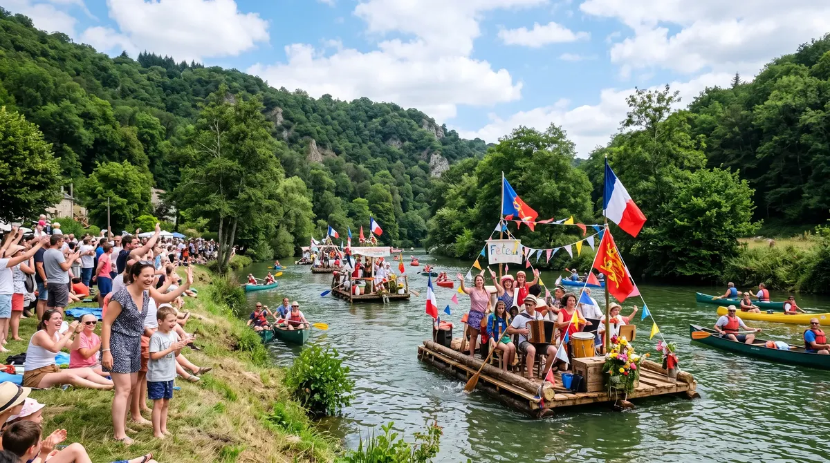 Radeaux décorés descendant l'Orne sous les encouragements du public massé sur la berge